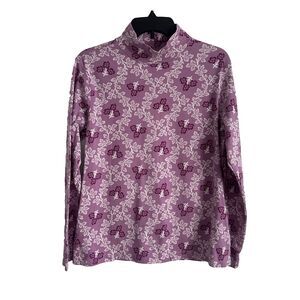 Lands' End Purple Floral Mock Neck Shirt Relaxed Size Medium 10-12